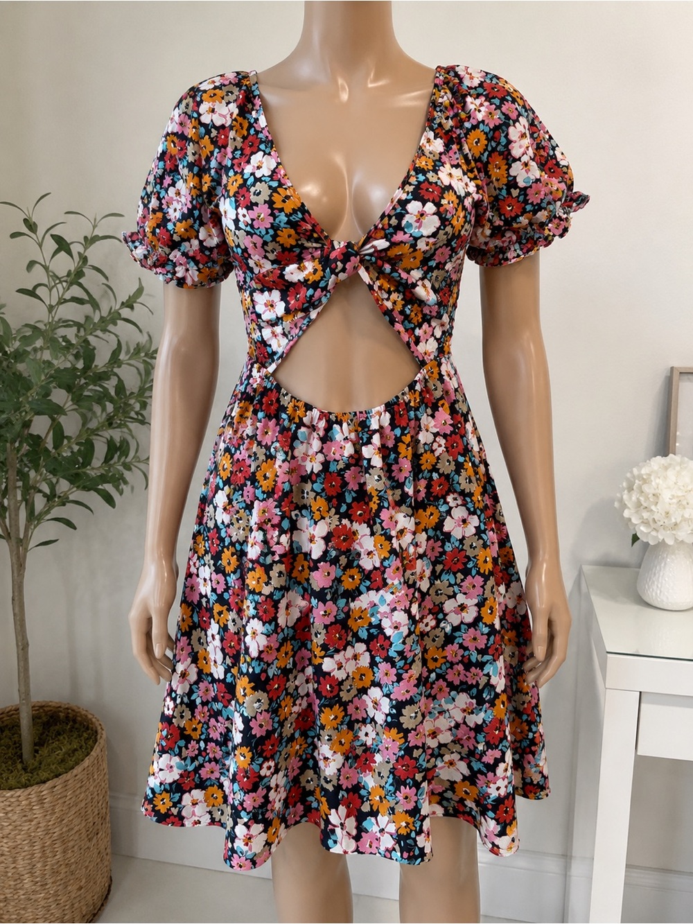 Floral Puff Sleeve Dress - Black Base with Multicolor Blooms